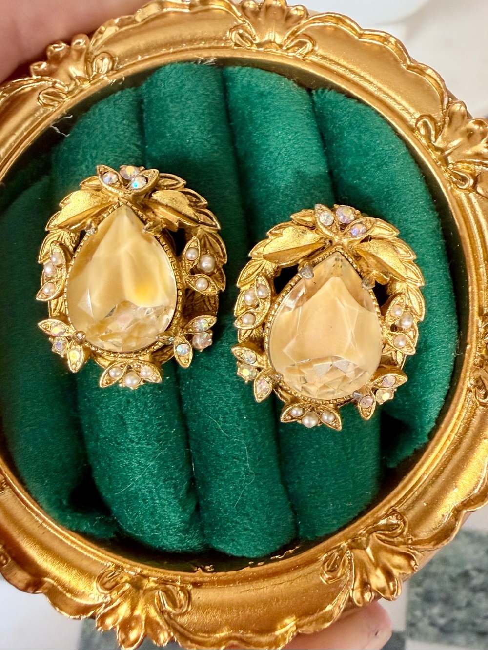 Gold Teardrop Crystal Clip-On Earrings with Pearl Accents